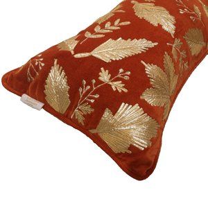 LILLIAN AUGUST Home Embroidered Gold leaves on rust velvet Bolster Pillow throw